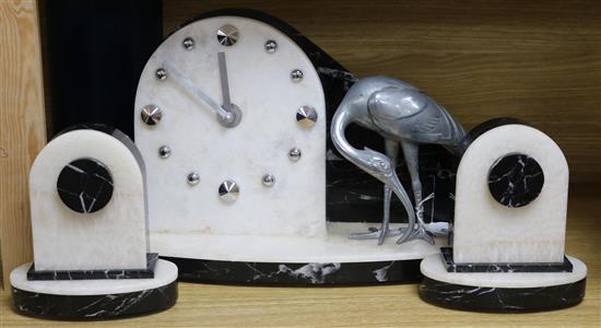An Art Deco marble clock garniture